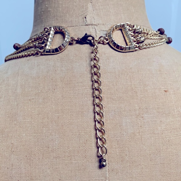 RETRO COSTUME JEWELRY MULTI STRAND STATEMENT NECKLACE GOLD TONE CHAINS WITH GEMS - Picture 5 of 5